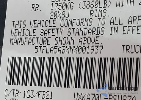 2022 Toyota Tundra Sr5 z USA, uszkodzony, nr VIN 5TFLA5ABXNX001937